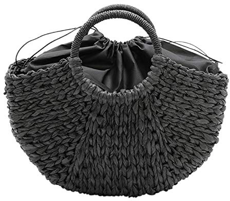 Wovelot Strandtasche, handgefertigt, Strohtasche, rund, groß, für den Sommer, für Damen, Körbchen, natürlich, gefüttert, Schwarz