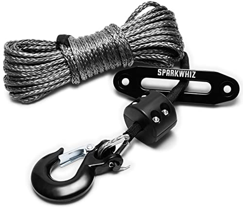 SPARKWHIZ Synthetic Winch Rope Kit, 1/4 x 50ft 10000LBS Winch Rope Line Cable with Protective Sleeve+Winch Fairlead+ Stopper+Hook for ATV UTV SUV