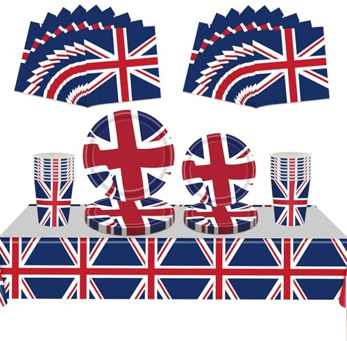 BlinBlin Union Jack Partygeschirr-Set, Queen's Platinum Jubilee Party Geschirr, Großbritannien Sportveranstaltungen BBQ Royal Thema Tischdekoration, Tischdecke, Servietten, Pappteller, für 16 Gäste