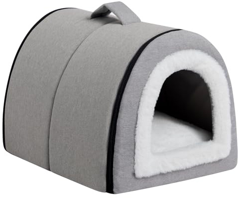 Hollypet Cat Bed Small Dog Bed, 2-in-1 Foldable Linen Pet Beds for Cats and Small Dogs, Cat Cave Indoor Outdoor, Grey
