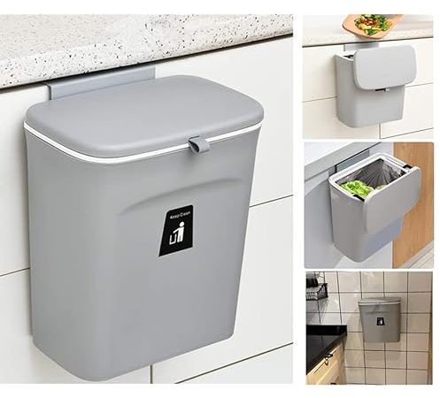 Komposteimer für Küche, 9 l Mülleimer, Arbeitsplatte oder unter der Spüle, hängender Kleiner Mülleimer mit Deckel für Badezimmer/Schlafzimmer,Komposteimer für den Innenbereich (weiß) (Grey)