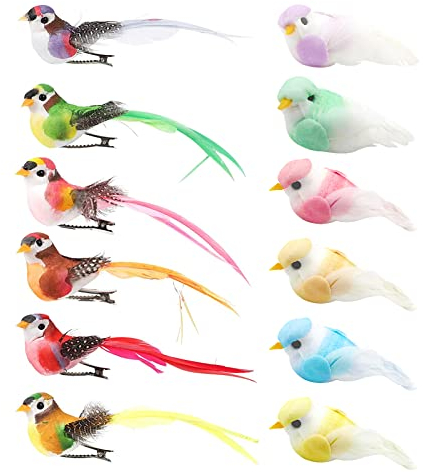 Yueser Pájaros Artificiales,Pájaros de Plumas de Espuma Artificial Pájaros de Imitación con Plumas Figuras de Pájaros Modelo de Pájaro Pluma Pájaro Decorativo para DIY Jardín Boda(12 Piezas)
