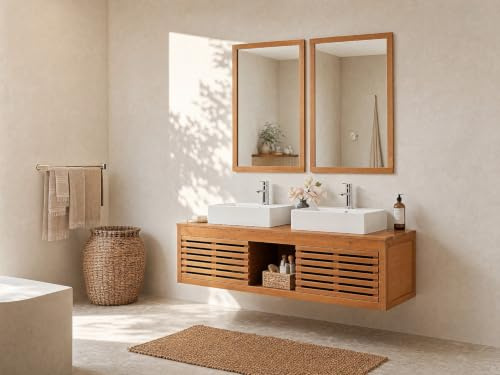 - Hängender Badschrank aus Akazienholz mit Doppelwaschbecken und Spiegeln - 130 cm - PENEBEL