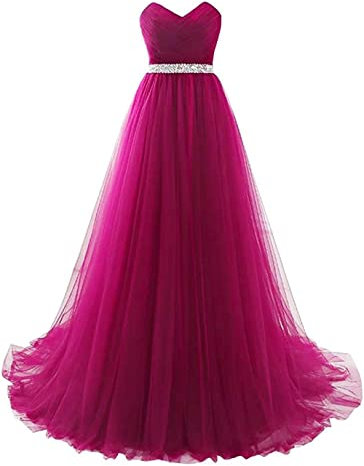 Vestito da cerimonia nuziale lungo di Tulle Abito convenzionale pieghettato con la cinghia di perline del Rhinestone per le, Fucsia, 34