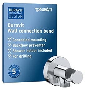 Duravit Universal Wandanschlussbogen, Schlauchanschluss inkl. Brausehalterung, Brauseanschlussbogen mit runder Wandabdeckung, Chrom