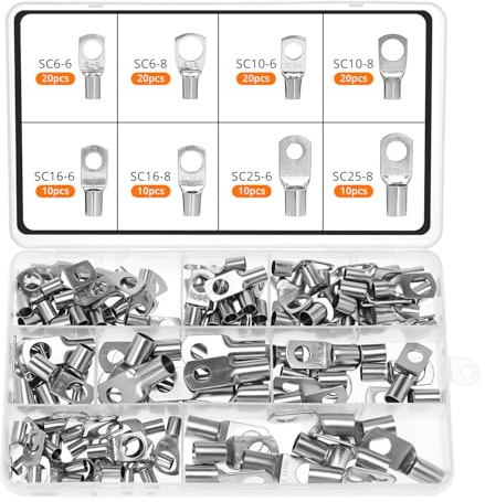 QWORK® 120 pezzi capicorda in rame stagnato ad anello, capicorda elettrici, capicorda ad occhiello, 6 mm² 10 mm² 16 mm² 25 mm², adatti come connettori per cavi per veicoli