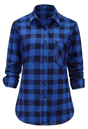 Jandukar Flannel Shirts Women Buffalo Check Long Sleeve CheckeBlue Shirts for Women Blue Check Casual Dress Office Blouse UK14