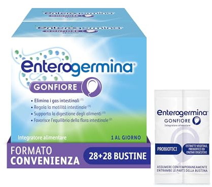 Enterogermina Gonfiore Fermenti Lattici Probiotici e Prebiotici, 28 Bustine | Integratore con Enzimi Digestivi ed Estratti Vegetali contro Pancia Gonfia e Gonfiore Addominale, per Adulti, Gusto Pesca