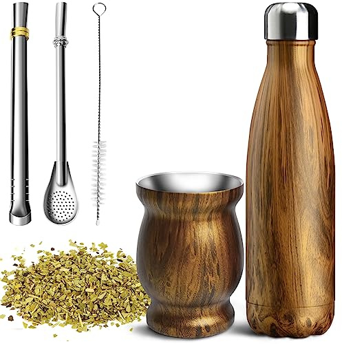 Artcome Lot de 5 tasses Yerba Mate en acier inoxydable – 1 tasse à double paroi en acier inoxydable de 250 ml, 1 thermos de 500 ml, 2 bombillas (paille Yerba Maté), 1 brosse, facile à nettoyer