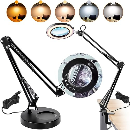 VEVOR 5X Magnifying Glass with Light and Stand, 【Upgraded】 5 Color Modes Stepless Dimmable, 4.3 Glass Lens Magnifier Desk lamp, 2-in-1 Magnifying Light and Stand for Crafts, Reading, Close Work