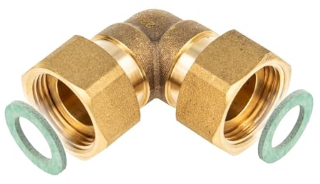 tecuro Winkel 90°, beidseitig Überwurfmutter 3/4 Zoll (flachdichtend) - MS-blank CW617N nach Trinkwasserverordnung 50930-6