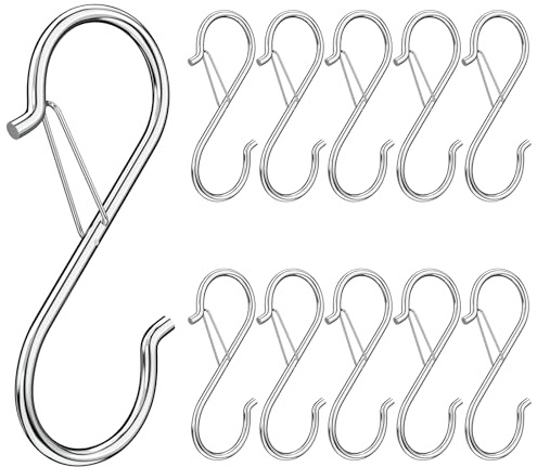 S Haken, Haken Zum Einhängen, Sicherheitsschnalle Design, 10 Stück küchenhaken Schwerlast Metall Haken 9 cm, Rostfreie & Korrosionsbeständige Silber S-Haken für Küche Bad, Schlafzimmer, Außenbereich