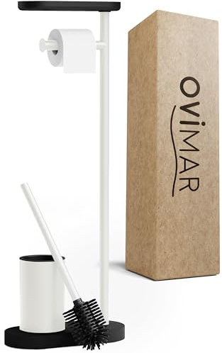 ovimar Set WC da terra 3 in 1 Vradal in bianco | Set scopino WC con testina in silicone, portarotolo e porta smartphone Molto salvaspazio | Elegante organizer da bagno in acciaio inox