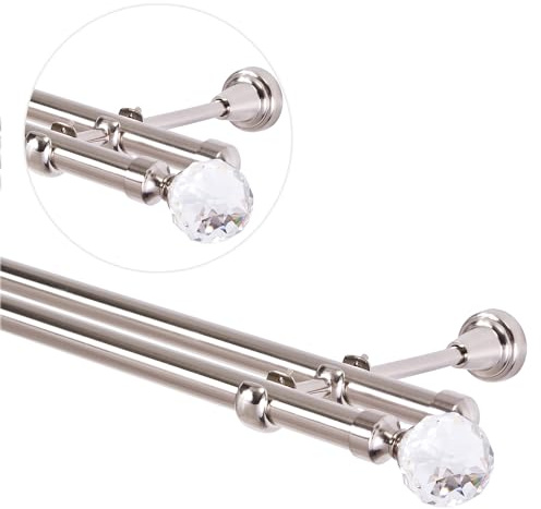 Gardinenstange 320 cm für Wandmontage, Vorhangstange 19 mm 2-läufig Edelstahloptik, Gardinenstangenset mit Kugel Kristall