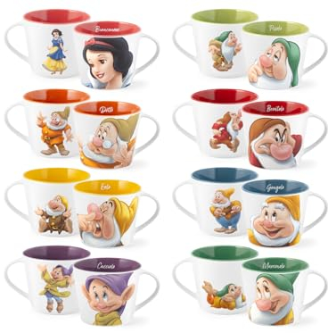 Home Disney- Sette nani, set 12 tazze da colazione jumbo Sette nani POP, 420 cc, personaggi assortiti, New Bone China, lavabili in lavastoviglie, idonee al microonde