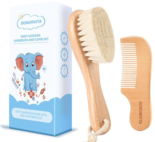 BONUMVITA Baby Hair Brush and Comb Set, Wooden Baby Hair Brush with Soft Goat Bristles and Wooden Comb for Newborn Essentials, Good for Cradle Cap