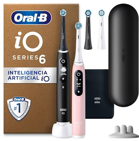 Oral-B Spazzolino Elettrico Ricaricabile iO 6 Nero e Rosa, 3 Testine di Ricambio, Confezione Doppia, 2 Spazzolini