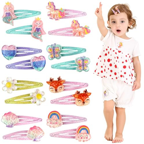 JIANGZHIB 16 Stück Haarspangen Mädchen Glitzer, Haarspangen Kinder Mehrfarbig, Meerjungfrau Schmetterling Regenbogen Blumen Haarschmuck für Mädchen Kinder Baby Geschenke