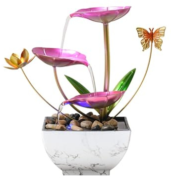 Qingyingge 11‘’ H Pink Tabletop Water Fountain, Zen Desktop Waterfall, Indoor Lotus Desktop Decorative Fountain, Home Bathroom Bedroom Decor.