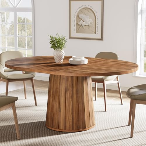 Tribesigns Tavolo da pranzo ovale per 6 persone, tavolo da pranzo in legno da 55,11 pollici, tavolo da pranzo rustico con piano in legno e base cilindrica per sala da pranzo (marrone)