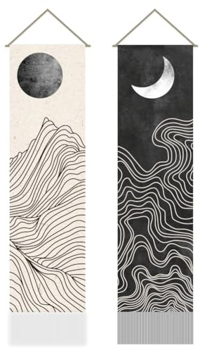 AHANDMAKER 2Pcs Boho Line Sun and Moon Tapestry, Black and White Sun Moon Long Vertical Tapestry Wall Hanging, Minimalist Abstract Tassel Wall Aesthetic Tapestry for Bedroom Living Room, 45.7x13Inch