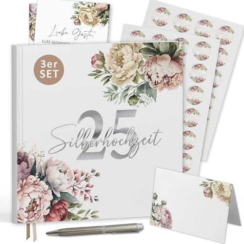 Trendanchor 25 Silberhochzeit Gästebuch-Set mit 50 Aufklebern, 50 Tischkartenr - Geschenk-Idee für Eltern zum Ausfüllen und Foto Einkleben 72 Seiten ohne Fragen (25 Silberhochzeit-Set/Pfingstrosen)