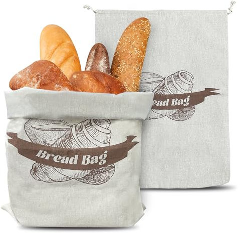 Sacchetti Pane, 36 x 51 cm Sacchetto Pane, Riutilizzabili Sacchetti per Pane, con Fodera Lnterna in TPU con Coulisse Conservare per pane Frutta e Verdura Conservare(2 Pezzi)