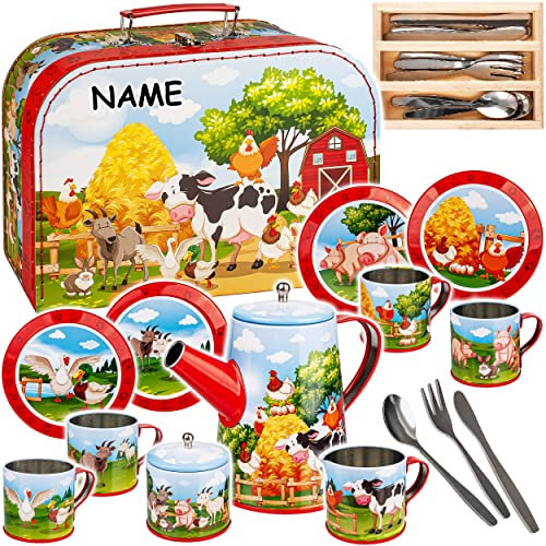 alles-meine.de GmbH 27 TLG. großes Set Picknick Koffer - Puppengeschirr/Kaffeeservice & Teeservice - Bauernhof Tiere - inkl. Name - Geschirr aus Blech - Metall - Blechgeschir..