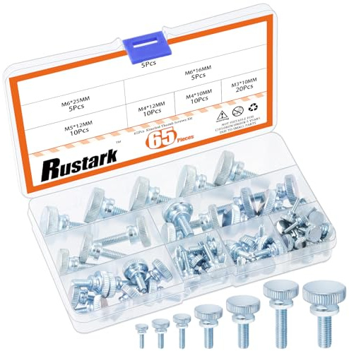 Rustark 65Pcs 7 Sizes Zinc Plated Knurled Thumb Screws Flat Knurled Head Screws Fully Threaded Thumb Screws Bolts Fastener Grip Knobs Fasteners for Machinery Equipment