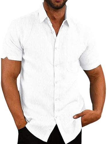 LVCBL linneskjorta herr kortärmad sommarskjorta button down fritidsskjorta herr M-3XL, Vit, 3XL