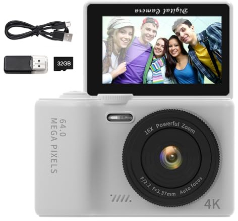 4K Digitalkamera 64MP WiFi-Fotokamera mit 180° Flip 3-Zoll-Bildschirm, 16X Digitalzoom, integriertes LED-Fülllicht, 1200-mAh Akku, 32 GB TF-Karte für Kinder, Teenager,Erwachsene