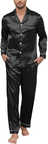 TeJoyce Completo Pigiama Lungo in Seta per Uomo, Pigiami Estivi da Notte in Raso, Camicia a Maniche Lunghe con Bottoni e Pantaloni con Tasche, Abbigliamento casa Leggero e Traspirante