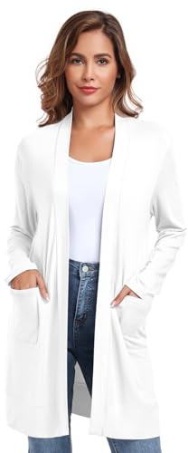 TownCat Cardigan Donna Lungo Casual Colore Solido Versatile a Maniche Lunghe Leggero con Tasca Comodo e Traspirante Elegante Aperto Cappotto Lungo Bianco S