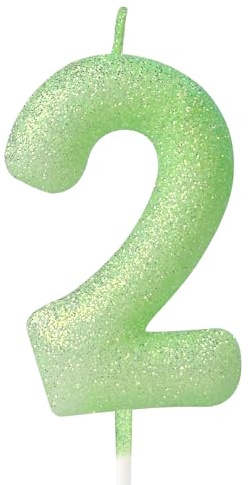 Green 3D Glitter Birthday Candle,Macaron Flash Number 2 Candle Topper,Suitable for Girls and Boys' Birthdays Party Cake Decorations,Weddings,Anniversaries