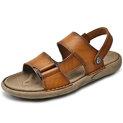 Herr Casual Sandaler Äkta Läder Öppen Tå Ankelrem Strandsandal Halkfria Utomhussandaler(Yellow,46 EU)