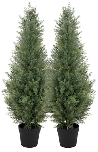 bellacat UV Resistant Artificial Topiary Trees Outdoor, Faux Cedar Tree with Full & Realistic Leaves, Fake Cypress Tree for Front Door Proch Patio Deck Balcony Yard Decor(90cm, 2Pack)