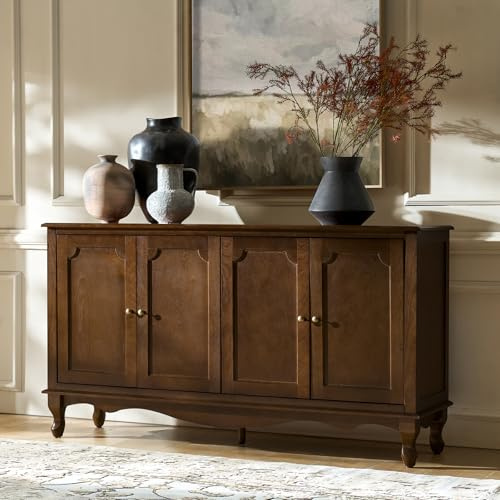 HULALA HOME Sideboard Buffet Cabinet with Storage, 58 Kitchen Farmhouse Wood Credenza Storage Cabinet with 4 Doors & 2 Shelves, Accent Console Table with Solid Wood Legs & Adjustable Shelves, Walnut