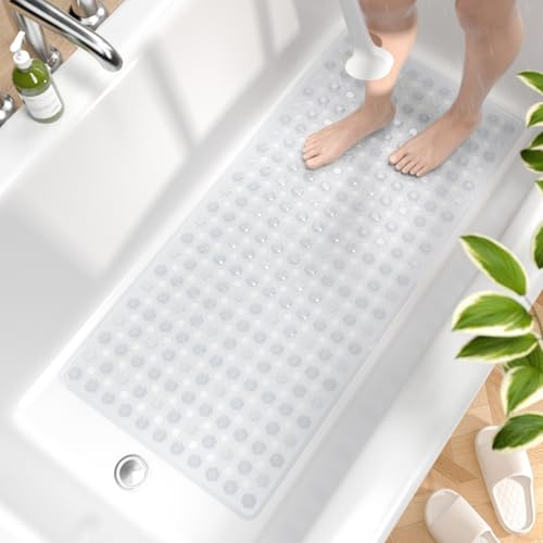 HITSLAM Bath Mat Non Slip Anti Mould, 89 x 40 cm Long Non Slip Shower Mat for Inside Shower, Machine Washable Bathroom Bathtub Mat with Strong Suction Cups and Drain Holes, Soft on Feet, Clear