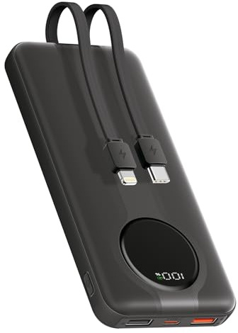 Aioneus Batterie Externe 10000mAh, Chargeur Portable avec 2 Câbles Intégrés (USB-C + Lightning), Power Bank Charge Rapide 22.5W PD, Compatible iPhone 17/16/15,Samsung,AirPods Pro