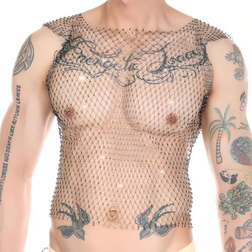 CATOR Top Lentejuelas Hombre Camisa Diamante Agua Transparente Camiseta Sexy Sin Mangas Rejilla Top Fiesta - L