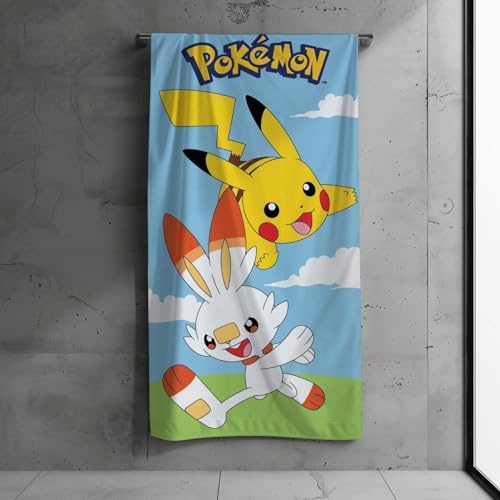 Pokémon Strandtuch, 100% Baumwolle, 140 x 70 cm, Verschiedene Designs (Hellblau-Weiß)