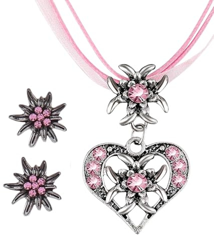 TAKONE Trachtenschmuck Damen Set – 3-teilig mit Edelweiß Anhänger & Ohrringen, Trachtenkette für Dirndl & Oktoberfest Schmuck Damen Accessoires