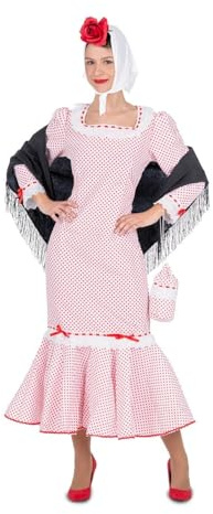 My Other Me - Disfraz Madrileña Mujer, talla XL. Incluye vestido blanco con encaje, lunares rojos y falda de vuelo,bolsito a juego, pañuelo blanco para la cabeza y mantón negro con flecos.
