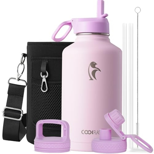 Coolflask Water Bottle 2L Insulated with Straw & 3 Leakproof Lids | Stainless Steel Water bottles Large Triple-Wall, Cold 48+h/Hot 24+h Dishwasher Safe, BPA-Free, for Sports Gym & Hiking