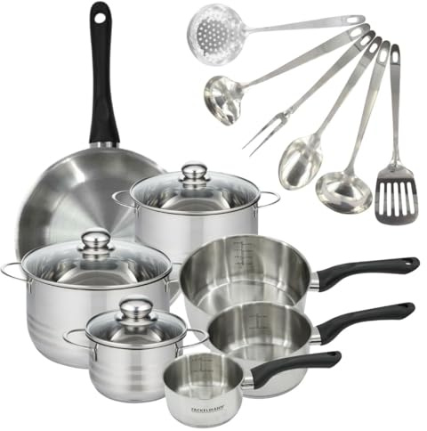 Fackelmann 9359750 1 poêle 28 cm 3 casseroles 12 16 20 cm inox 18/8, 3 faitouts inox 16 20 24 cm, 6 ustensiles, Poêle tous feux, Poêle induction, sans PFAS, Inox, Verre, 12 16 20 24 28 cm