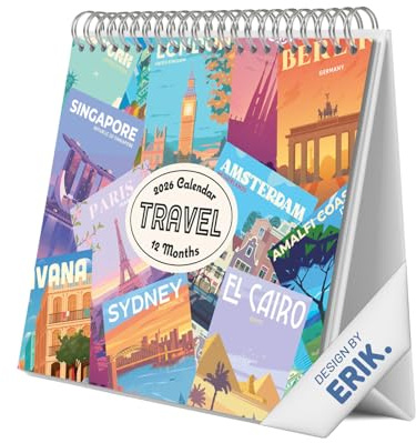 Grupo Erik - Calendrier de Bureau 2026 Voyages - Calendrier 2026 Mensuel │ Idee Cadeau │ De Janvier à Décembre : Espace pour notes et Illustrations décoratives (17x20 cm)
