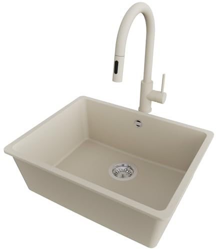 PRIMAGRAN Lavandino sottotop al Mobile 60cm + Rubinetto, 56x44cm | Set: Rubinetto BW9010 + Kit di scarico + Lavello in Granito a 1 Vasca - Venezia Easy, Beige