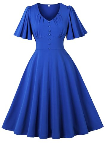 Wellwits Women's Pleated Detail Flare Sleeves Formal Cocktail Vintage Dress