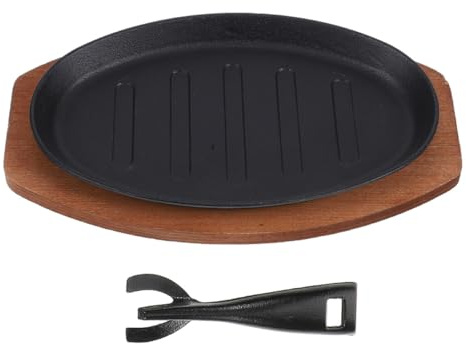 JECOMPRIS Plat de Service Fonte avec Plaque Grill Rayée Poêle à Griller Antiadhésive pour Steak et Fajitas Cuisson Uniforme pour Barbecue Intérieur et Repas Famille