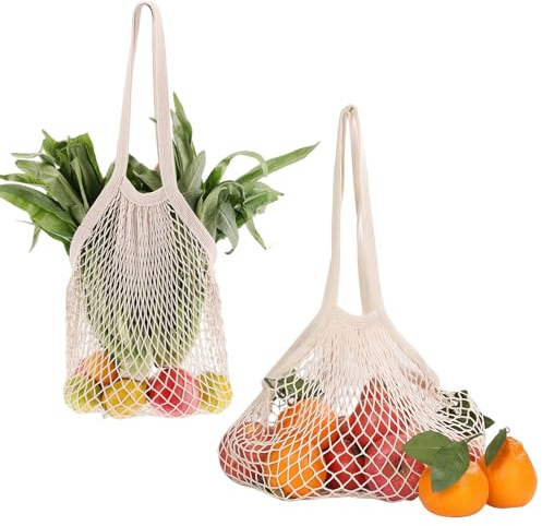 Nretluo String Bags, 2 Pcs Fruit Net Bag, Vegetable Mesh Bags, Organic Grocery Shopping Bag, Suitable for Carrying Vegetables and Fruit When Travelling (Beige)